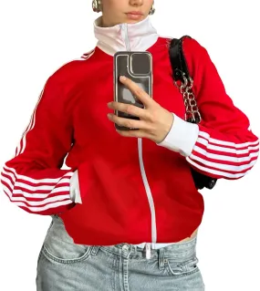 Women Stripes Track Jacket Vintage Stand-Up Zipper Sweatshirt Cropped Lightweight Bomber Tracksuit Coat Outerwear