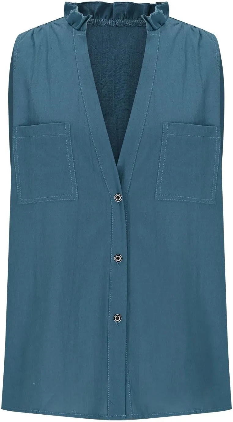 Womens Cotton Linen Vest Tops Deep V Neck Sleeveless Longline Tank Top Button Down Soft Basic Shirts with Pockets