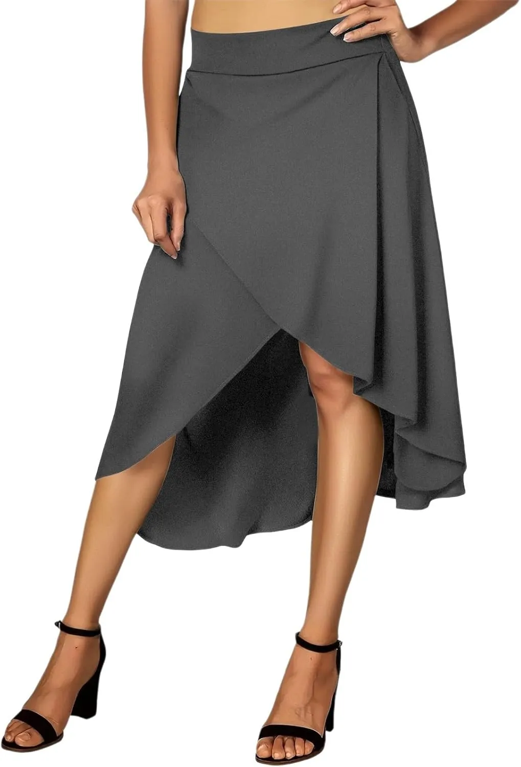 Women's High Waisted Ruffled Asymmetric Hem Long Skirt Split High Low Stretchy Skirt Handkerchief Hemline Midi Skirt