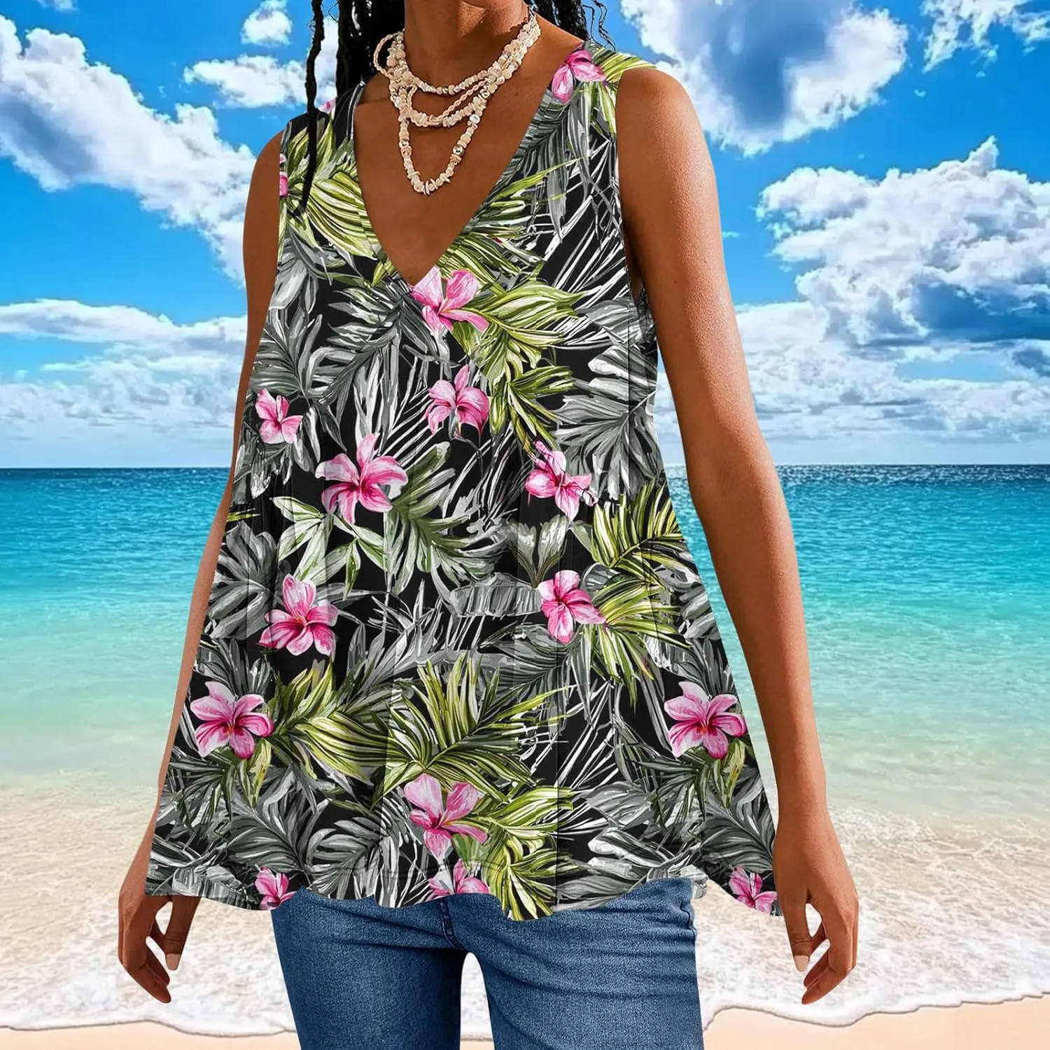 Womens Tank Tops Dressy Casual Sleeveless Printed Pleated Hawaiian Shirt V Neck Loose Beach Fashion Summer Tank Top