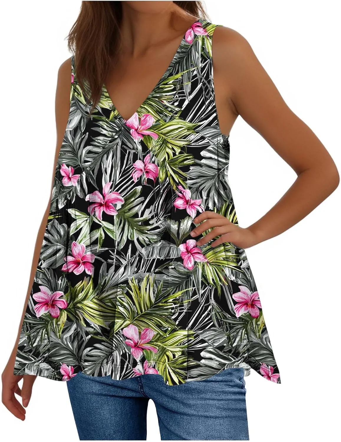 Womens Tank Tops Dressy Casual Sleeveless Printed Pleated Hawaiian Shirt V Neck Loose Beach Fashion Summer Tank Top