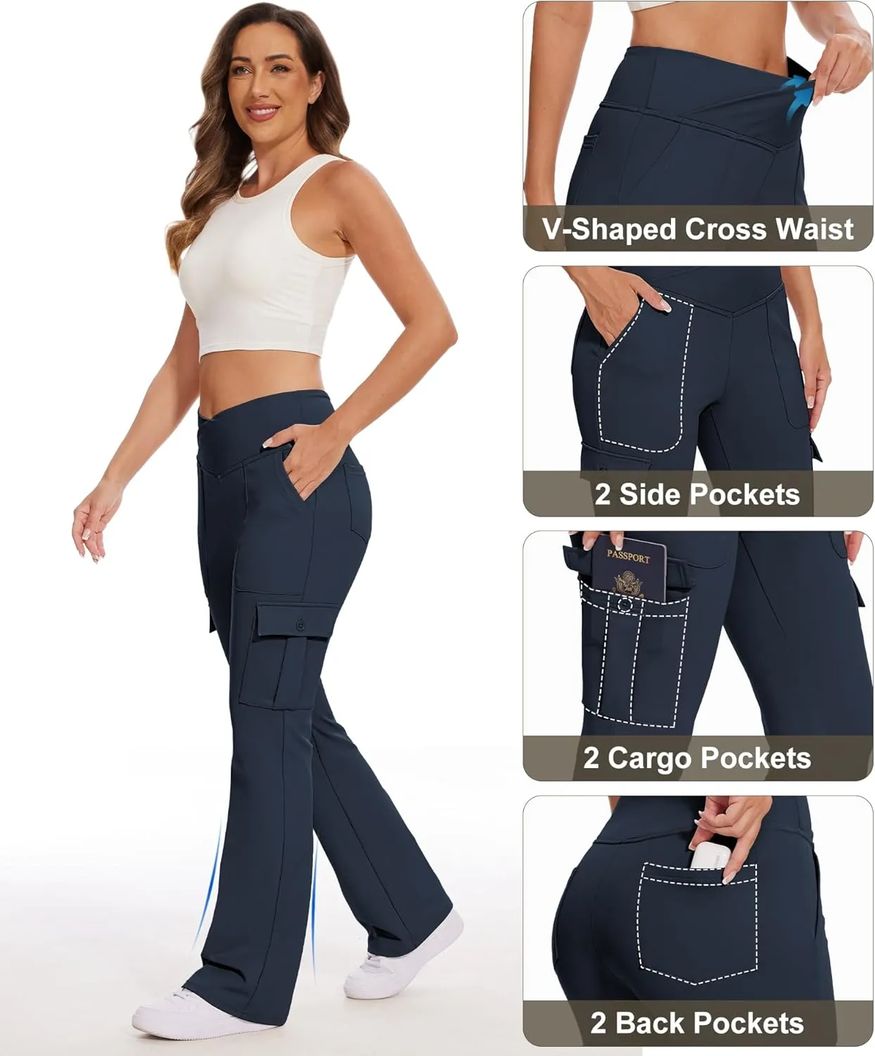 Yoga Flare Leggings for Women High Waisted Yoga Casual Pants Workout Leggings Cargo with 6 Pockets Bootcut Pants