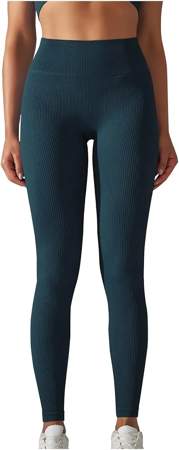 Yoga Leggings for Women High Waist Tummy Control Yoga Pants Ribbed Stretch Workout Leggings Compression Gym Tights
