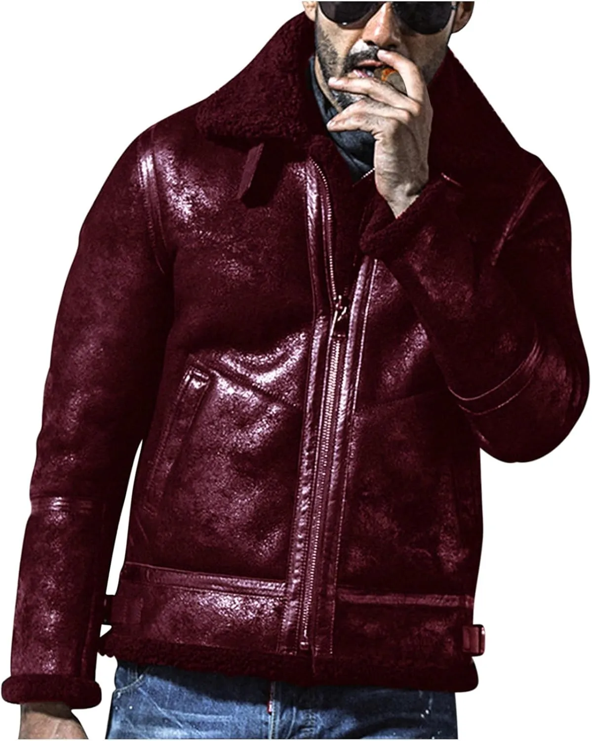 Zeiyignr Men's Winter Jacket Thick Thermal Full Zip Warm Sherpa Fleece Lined Coat Lapel Trucker Coats Vintage Bomber Jackets