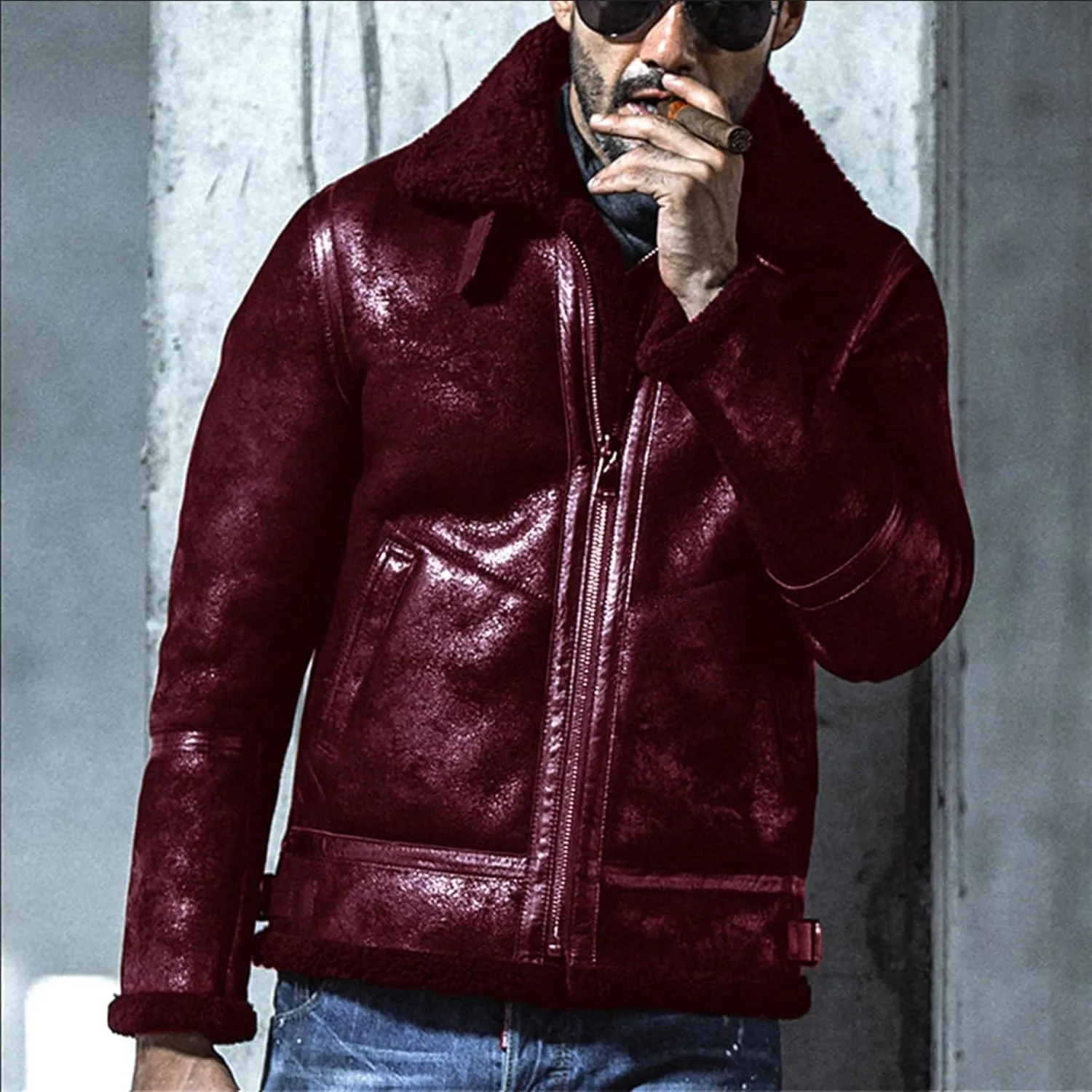 Zeiyignr Men's Winter Jacket Thick Thermal Full Zip Warm Sherpa Fleece Lined Coat Lapel Trucker Coats Vintage Bomber Jackets